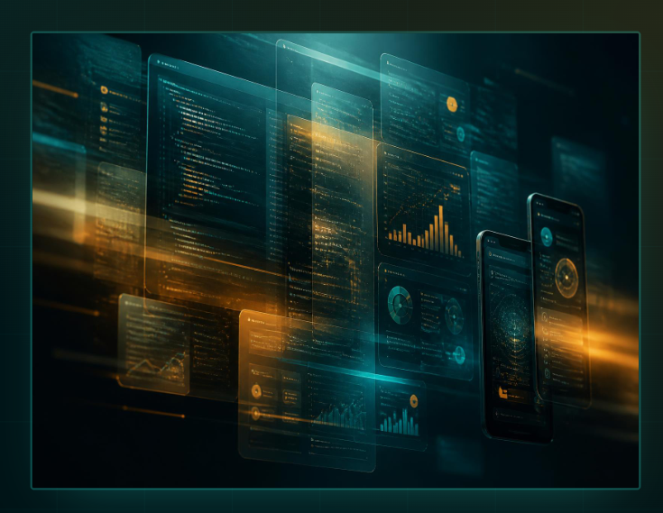 Layered code editors, dashboards and mobile app screens representing web and app development work